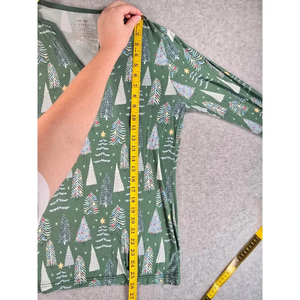 Little Sleepies Pajama Set Womens S/XS Green Christmas Trees Bamboo Lounge PJs